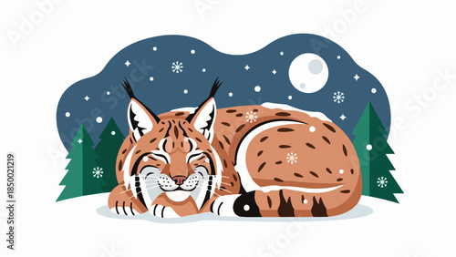 Lynx or bobcat resting in a winter night with snowflakes and a crescent moon