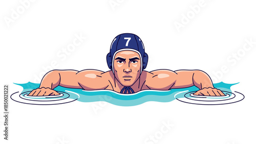 Dynamic water polo player swimming in action with numbered cap