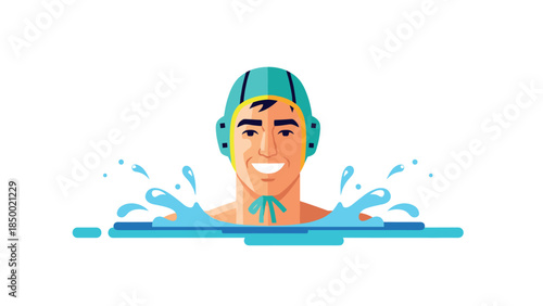 Smiling water polo player splashing in pool with helmet and water drops