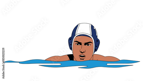 Water polo player floating with intense focus in blue waves