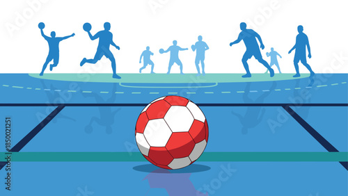 Silhouette of players engaged in sports with red and white soccer ball on blue field