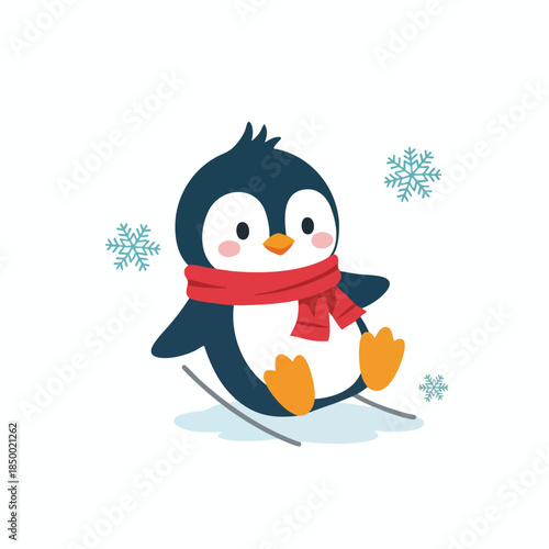 A cute penguin with a red scarf is skiing with falling snowflakes