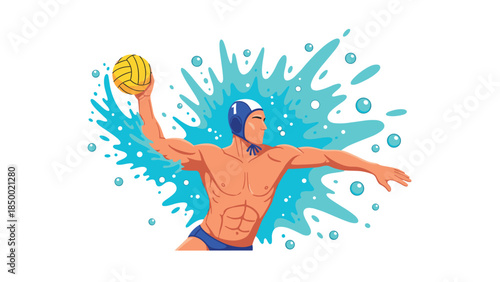 Dynamic water polo splash with player in action in bold colors