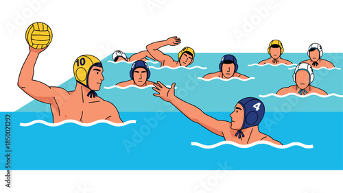 Water polo match in action: athletes competing in a swimming pool