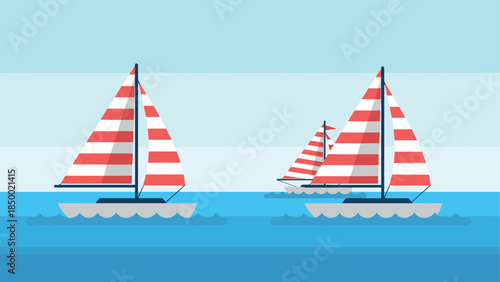 Colorful sailboats with red and white striped sails on clear blue sea