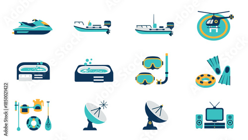 Minimalist water activities and communication equipment icons in flat style