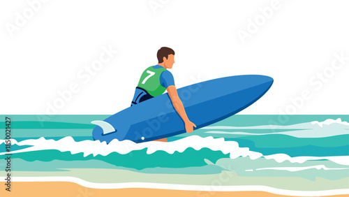 Surfer with blue surfboard entering ocean waves at sandy beach