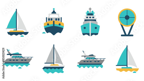 Flat nautical icons set featuring yachts, sailboats, and ferris wheel