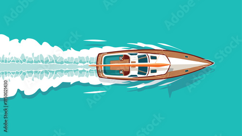 Modern yacht cruising in turquoise waters with wake trail in flat design