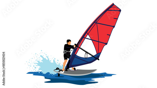 Dynamic windsurfer riding waves with red sail and splash in flat design