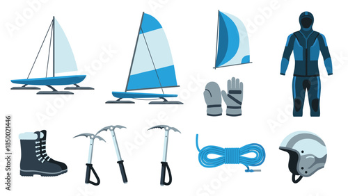 Winter sailing equipment collection featuring sled, gear, and accessories in flat style