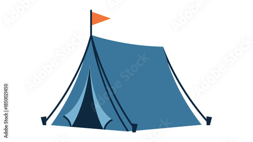 Blue camping tent with orange flag on white background