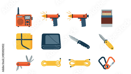 Outdoor adventure gear icons set: camping tools and equipment in flat design
