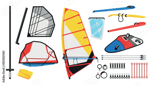 Windsurfing equipment set featuring sails, boards, and accessories in flat style