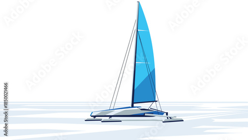 Modern flat catamaran sailing on tranquil blue ocean with clear sky background