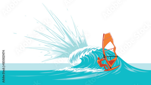 Dynamic windsurfing scene with vibrant wave action and energetic motion