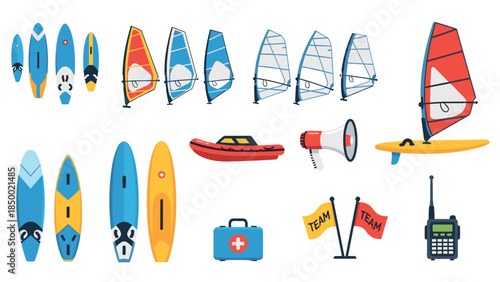Colorful collection of windsurfing gear and accessories for water sports enthusiasts