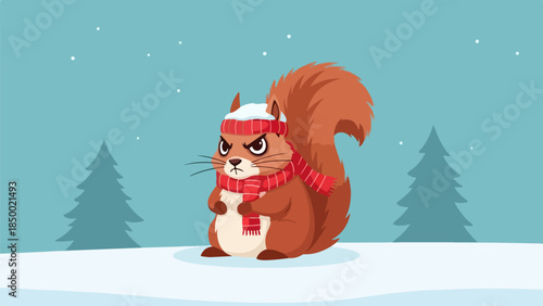 Anthropomorphized squirrel wearing a knitted hat and scarf in a winter landscape with snow-covered ground and evergreen trees