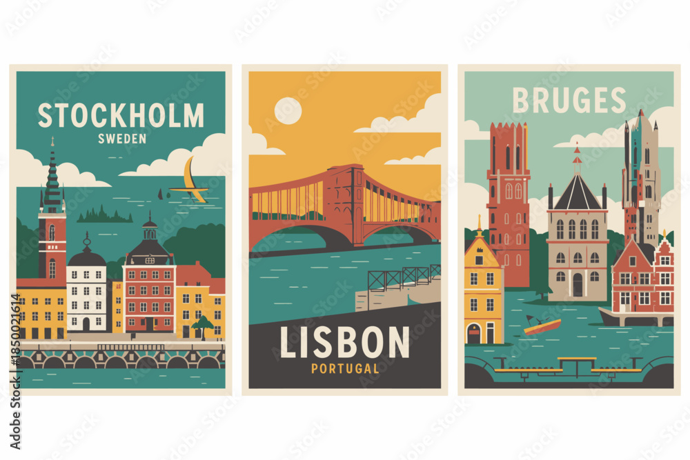Naklejka premium Vintage Travel Posters of Stockholm, Lisbon, and Bruges Cities in Europe