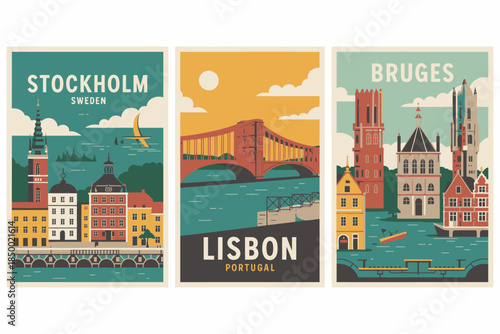 Vintage Travel Posters of Stockholm, Lisbon, and Bruges Cities in Europe