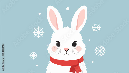 Close-up illustration of a white rabbit with a red scarf in a snowy winter scene