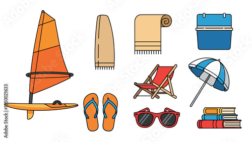 Colorful beach essentials collection with umbrella, surfboard, and sunglasses