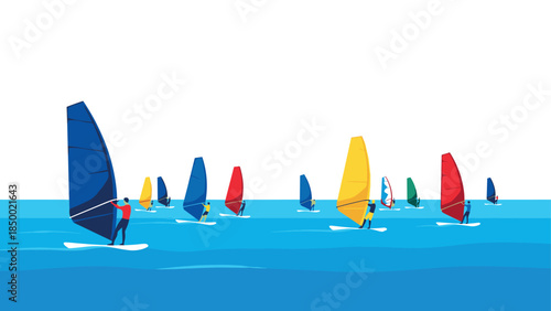 Colorful sailboats racing on the open sea in minimalist style