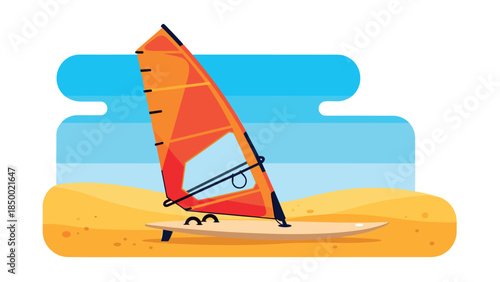 Colorful windsurfing board on a sunny beach day