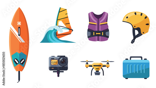 Water sports and adventure equipment set with modern flat design elements
