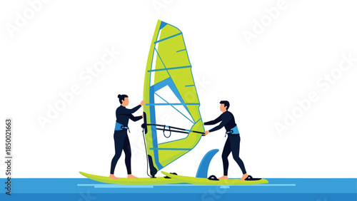Couple learning windsurfing on calm waters in vibrant minimalist style