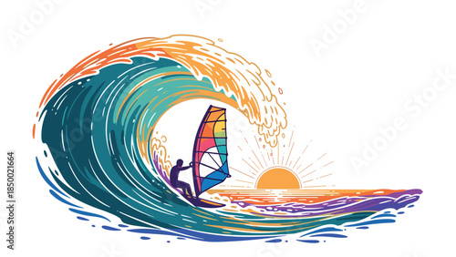 Colorful windsurfing adventure in vibrant ocean waves with sunset