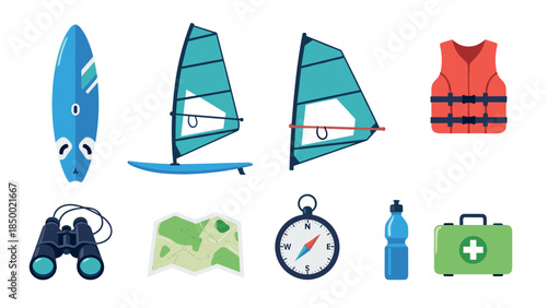Sailing and outdoor adventure equipment set in modern flat design
