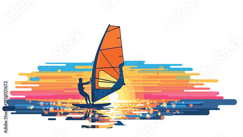 Windsurfing adventure at vibrant sunset with reflection on ocean waves in flat design
