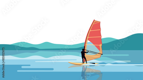 Flat design windsurfer on calm lake with mountain reflections in minimalist style