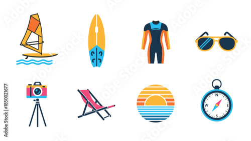 Summer beach essentials: surfboard, sunglasses, and more in colorful flat design icons