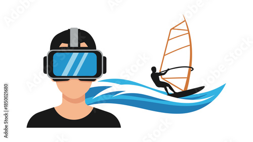 Virtual reality windsurfing experience with vr headset and ocean waves