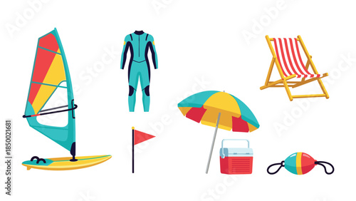 Colorful beach and summer activity equipment set on white background