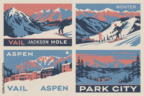 Vintage Ski Resort Posters Collection Featuring Vail, Aspen, Jackson Hole, Park City