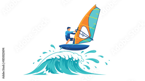 Dynamic windsurfing action with colorful waves and sail