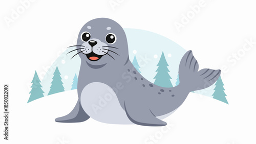 Playful seal illustration with raised flippers and coniferous trees on a light blue background