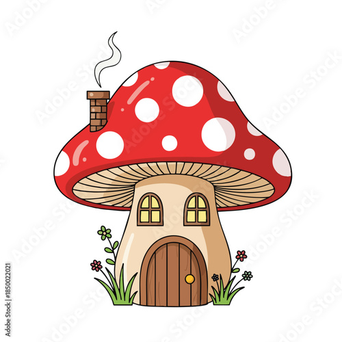 Cartoon mushroom house with a red cap, white spots, and chimney. Flowers and grass around