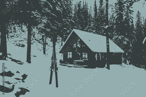 Snowy Cabin in Forest Woods