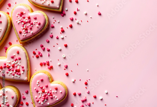 Cookies in the shape of hearts, a delicious treat, a Valentine's day concept. The pink background is the place for the text.