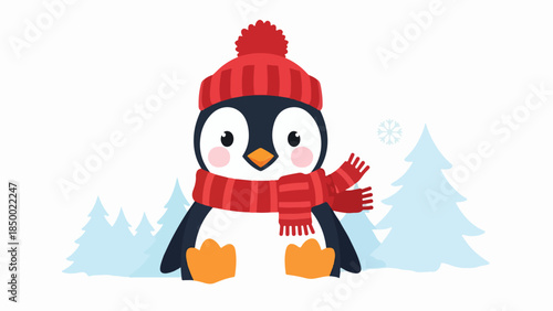 Cheerful cartoon penguin in winter attire with red hat and scarf, standing in a snowy landscape