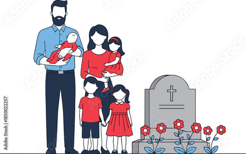 Flat vector illustration of a mourning family with children standing by a gravestone at a cemetery