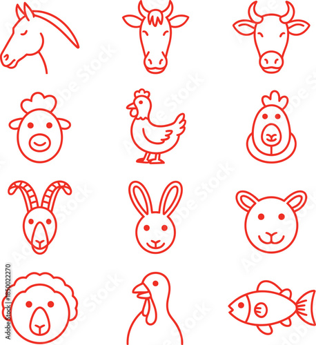 Red line vector icon set of farm and domestic animals featuring stylized heads and profiles for design and educational use.