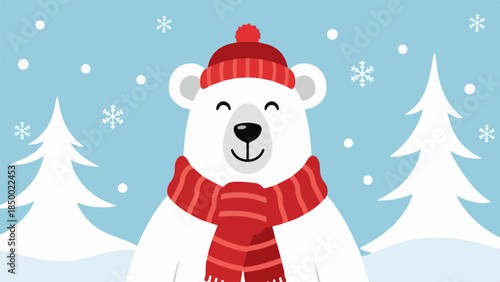 Cheerful cartoon polar bear in red hat and scarf standing in snowy winter landscape with pine trees