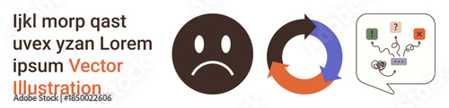 Negative emotions, problem-solving, communication, feedback loops, technology, data processing. A sad face, circular arrow and cables in a speech bubble. Negative emotions and problem-solving