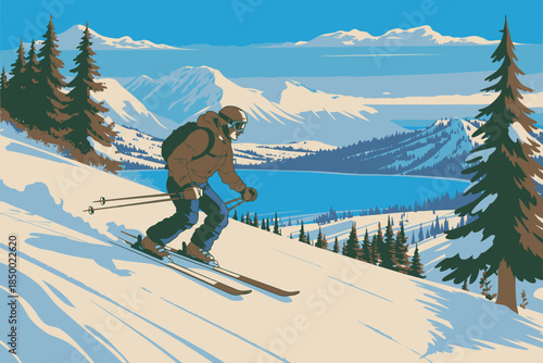 Skier Enjoying Snowy Mountain Landscape