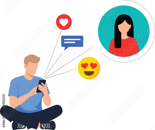 Flat vector illustration of a young man using a smartphone for online dating, social media, and digital communication
